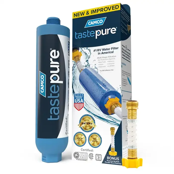Camco TastePURE RV Water Filter – New & Advanced RV Inline Water Filter with Flexible Hose Protector – GAC & KDF Water Filter –