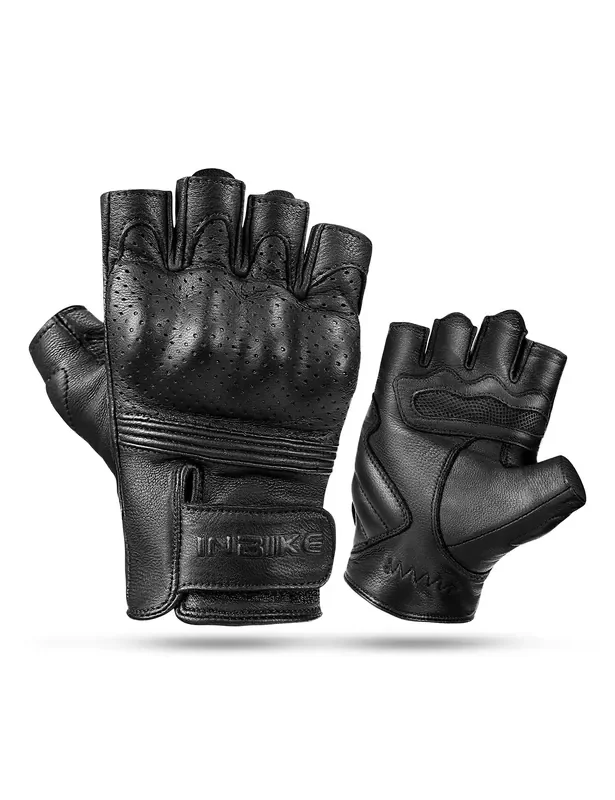 Inbike Fingerless Motorcycle Gloves Summer Breathable Goatskin Leather Wear Resistant Hard Knuckle Black Medium