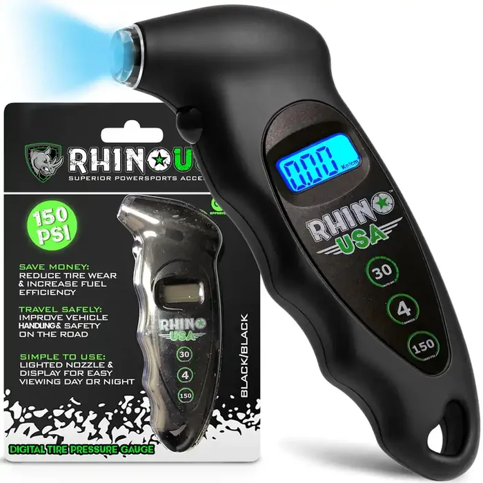 Rhino Usa Digital Tire Pressure Gauge 150 Psi, 4 Ranges, Ergonomic Design W/Lighted Nozzle & Lcd Backlit Display – Certified Acc