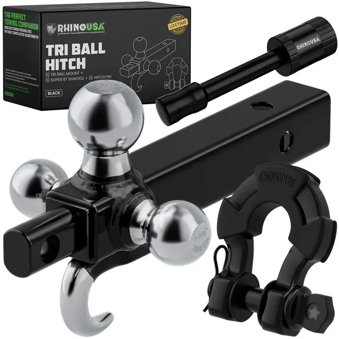 Rhino USA Trailer Hitch Tri-Ball Mount with Hook, Shackle & Locking Pin (2-Inch Receiver) Versatile Tow Hitch Ball Size 1-7/8 In