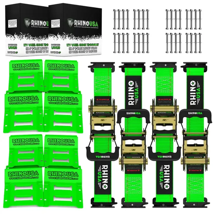 Rhino USA Wheel Chock Tie Down Kit (1,986lb Break Strength) Ultimate Heavy Duty Trailer Tire Straps System for ATV, UTV, Lawn Mo