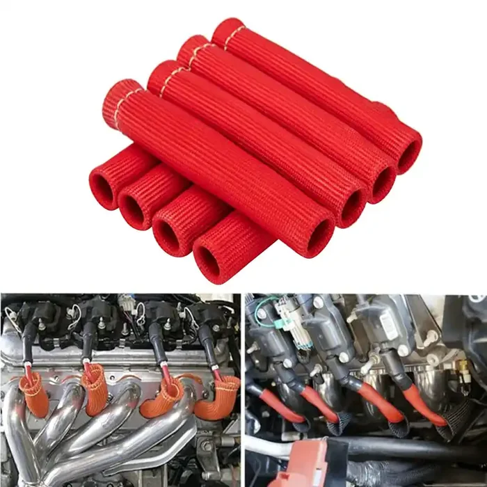 Spark Plug Wire Heat Shield & Sleeve – 2500 High Temp Heat Tape Protection – 8 Pack (Red)